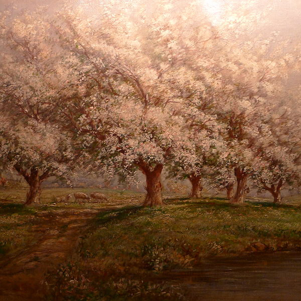 Typical Verner Moore White oil painting on canvas of apple blossoms